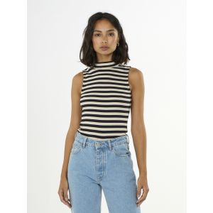 Knowledge Cotton Apparel striped high neck rib top black/white GOTS/ vegan