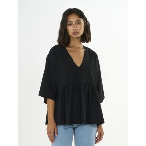 Knowledge Cotton Apparel Seersucker V-Neck Shirt black